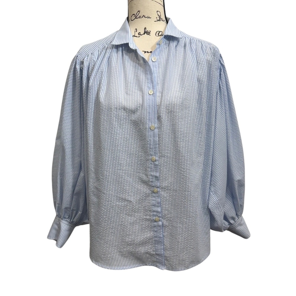 Wendy Glez Seersucker Stripe Button Size  2 Oversized Puff Sleeve
